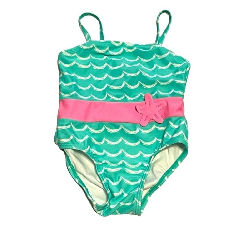 Circo 18 mo green/white wave scale pink starfish belt mermaid 1 piece swimsuit‎